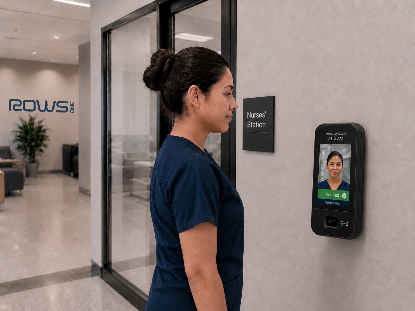Nurse clocking in with facial recognition time clock